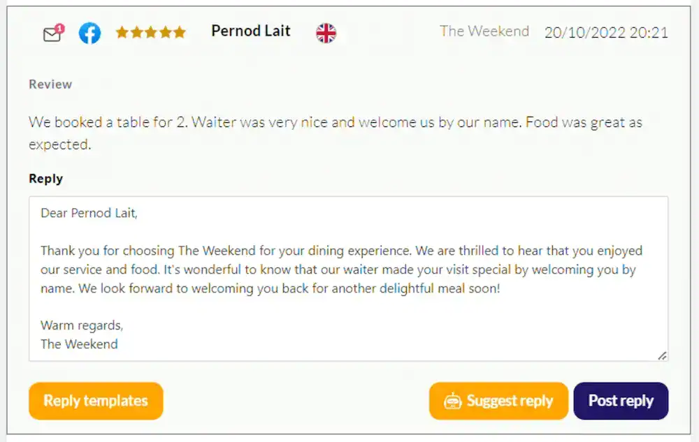 Importance of responding to restaurant reviews: Example of response generated by Mozrest's AI Reply Assistant to a positive client review